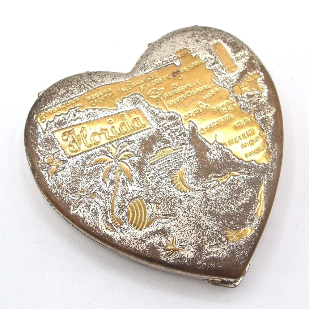 Vintage Florida Map Heart Shaped Compact Puff Mirror 1960 Souvenir Powder Vanity